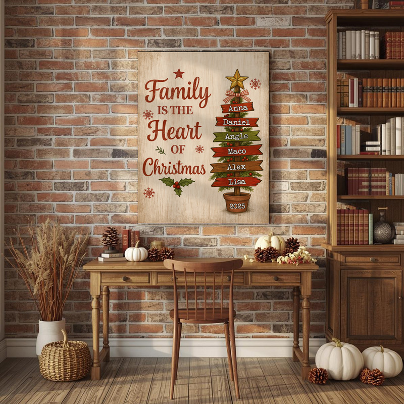Rustic Christmas family tree canvas wall art on faux wood planks, custom names, vertical orientation, holiday mantel decor