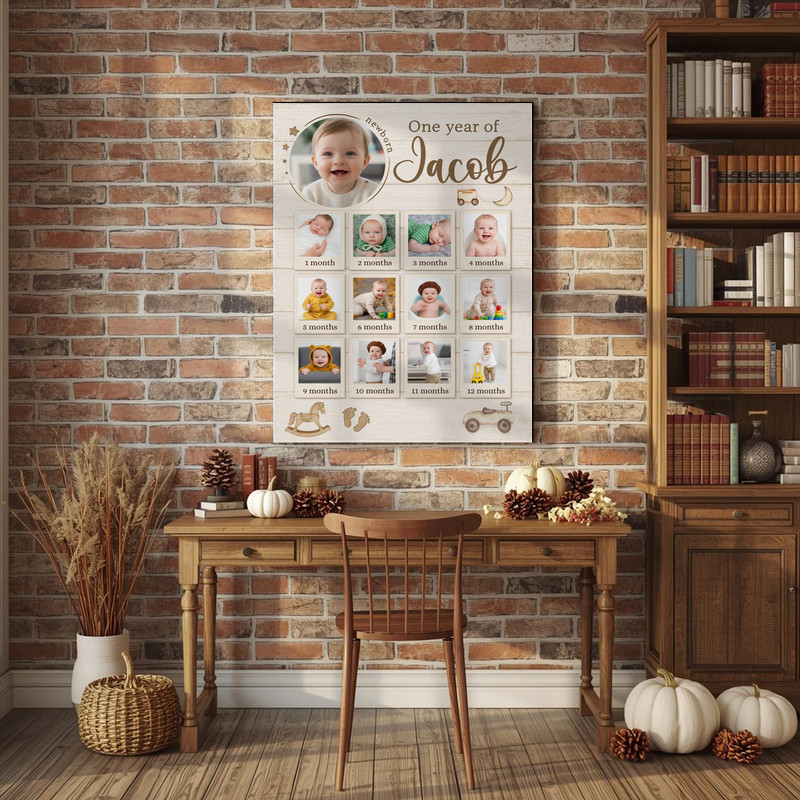 Baby first year milestone canvas wall art in rustic style, personalized photo collage with name, 1st birthday gift for mom