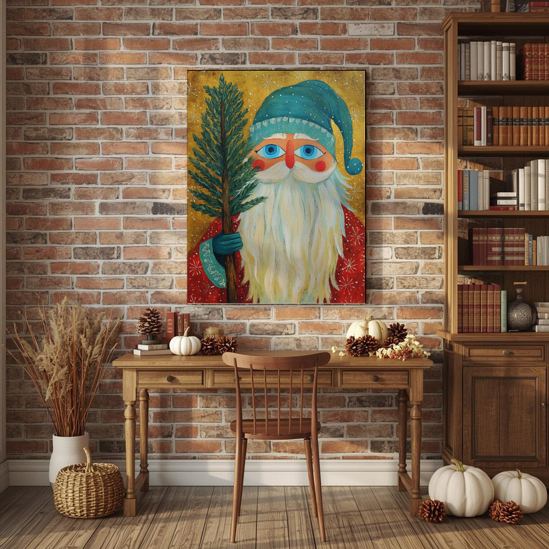 Santa Claus canvas wall art, rustic whimsical Christmas oil painting on canvas for hallway decor with timeless vintage warmth