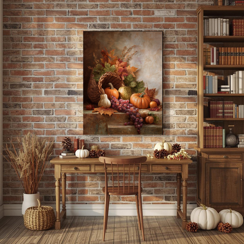 Rustic Thanksgiving centerpiece canvas wall art with pumpkins and mums, classic fall decor accent tailored to hallway