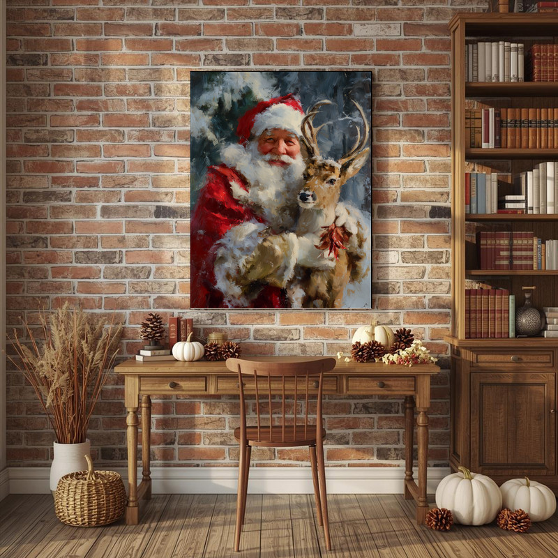 Santa Claus with reindeer forest canvas wall art, vintage oil-paint look, warm tones for traditional Christmas hallway