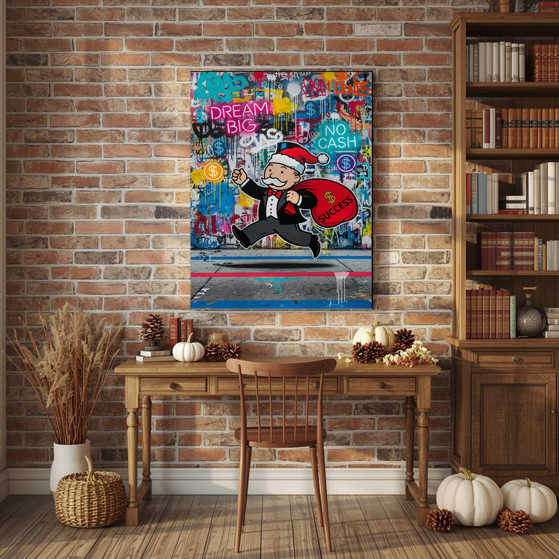 Santa hustle canvas wall art with 'Dream Big, No Cash, All Success', witty motivation, Secret Santa gift for coworkers