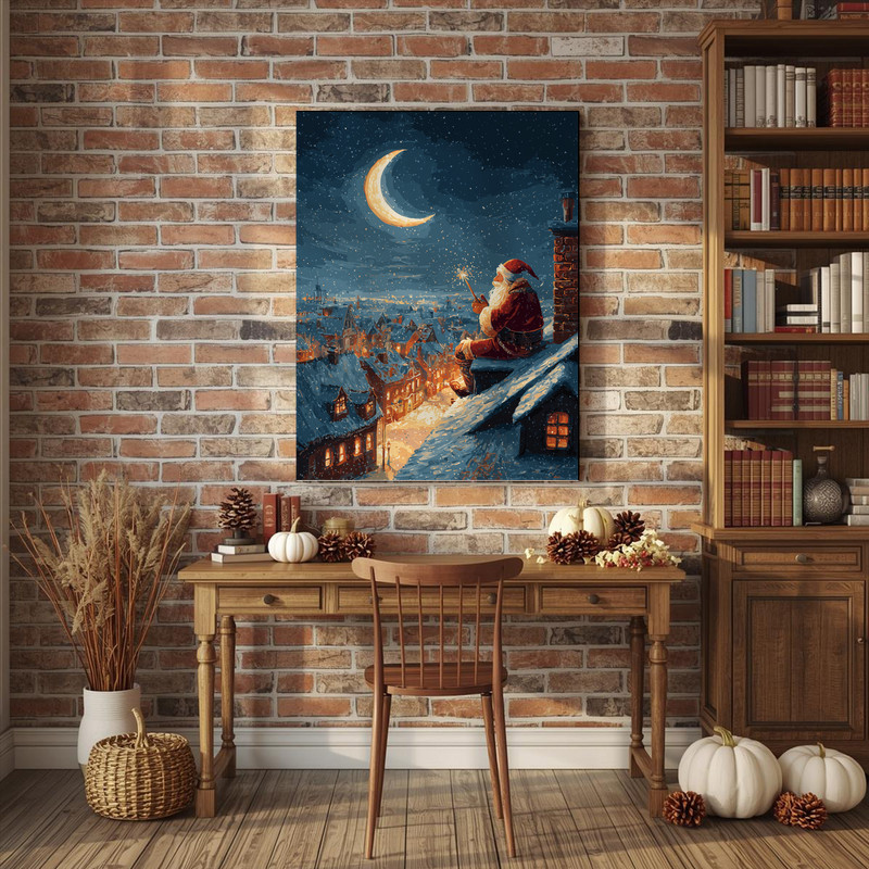 Santa's rooftop magic Christmas night canvas wall art, whimsical nightscape, sleigh tracks and starlight over red-brick roofs