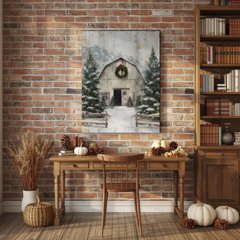 Vintage barn holiday canvas wall art for farmhouse entryway decor, country aesthetic with a welcoming seasonal vibe