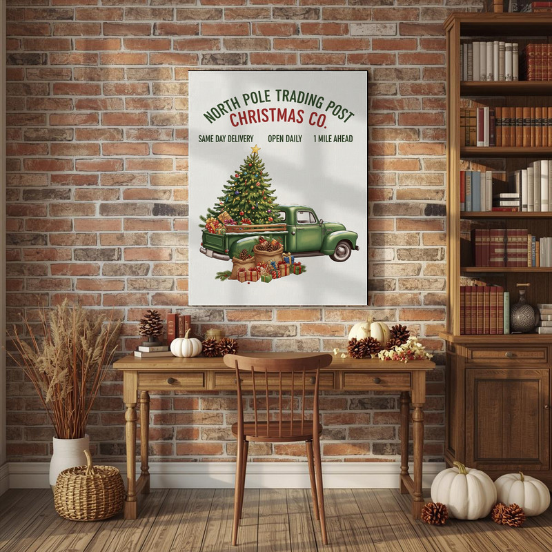 Vintage Thanksgiving truck canvas wall art amid harvest market pumpkins, cozy hostess gift and charming hallway decor