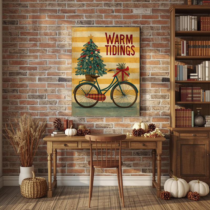 Christmas bicycle canvas wall art, portrait with garland-wrapped handlebars and basket of ornaments, festive holiday decor