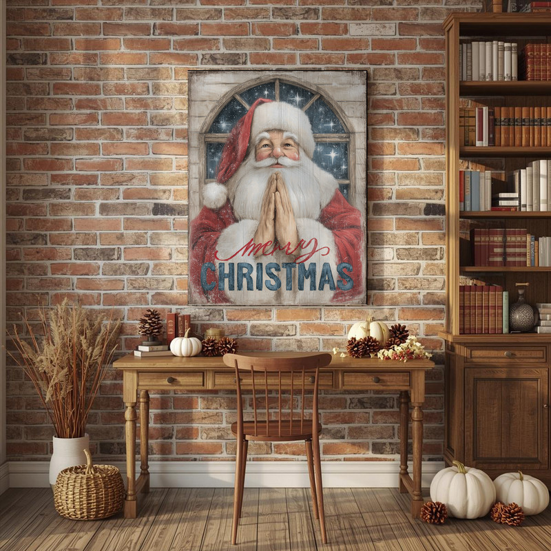 Whimsical Santa Christmas canvas wall art for hallway, farmhouse style with classic red suit Santa, cozy tones, landscape