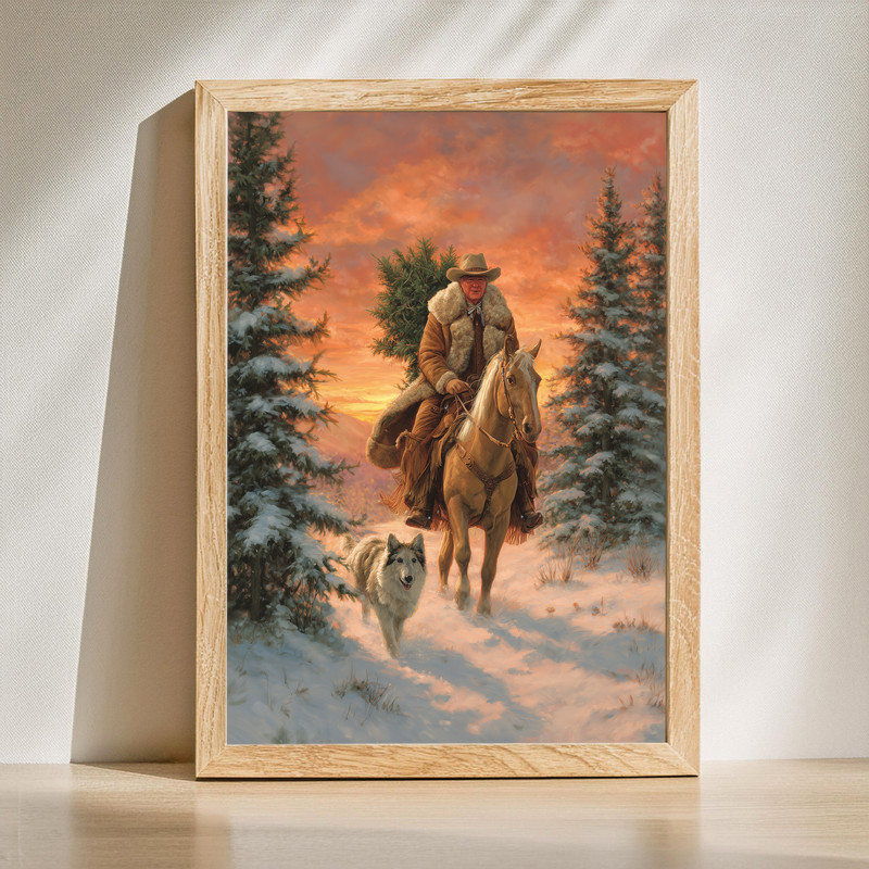 Cowboy holiday entryway canvas wall art featuring western motifs, pine greenery, and warm lights to welcome guests. | Familywalldecor