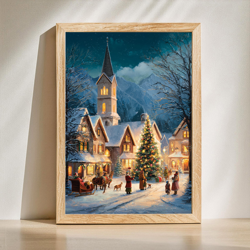 Magical Christmas night canvas wall art beneath a snowy mountain sky, starry winter landscape perfect for hallway decor | Familywalldecor