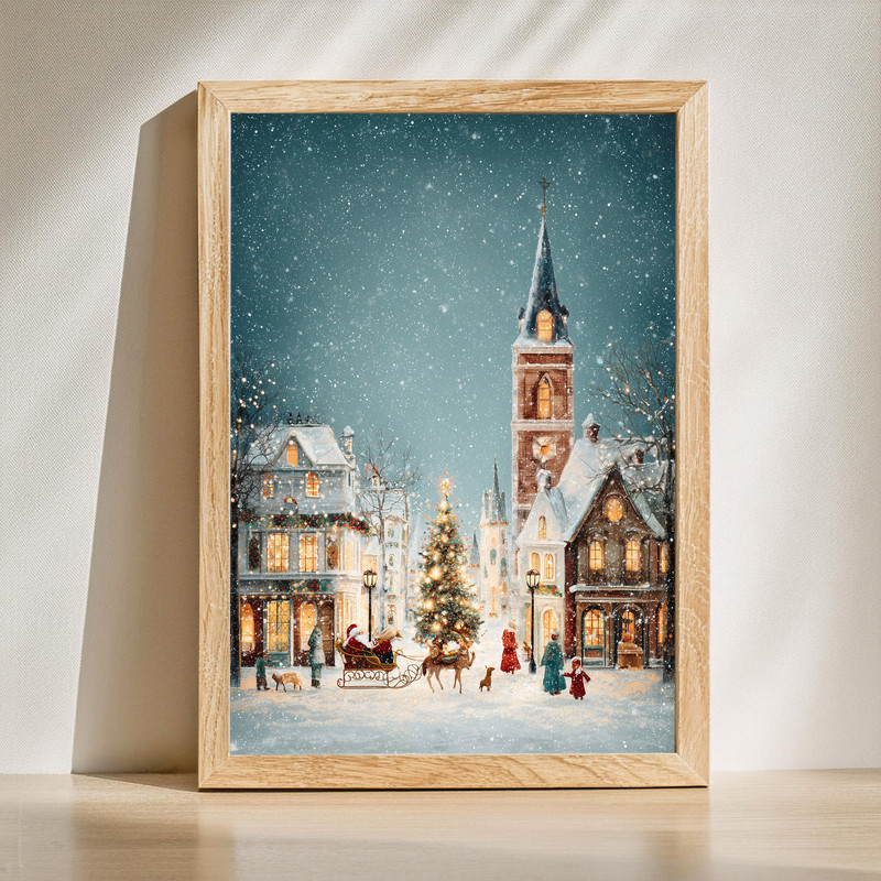 Snowy Christmas Eve old town canvas wall art with glowing lampposts and cobblestone street, perfect for cozy hallway decor | Familywalldecor