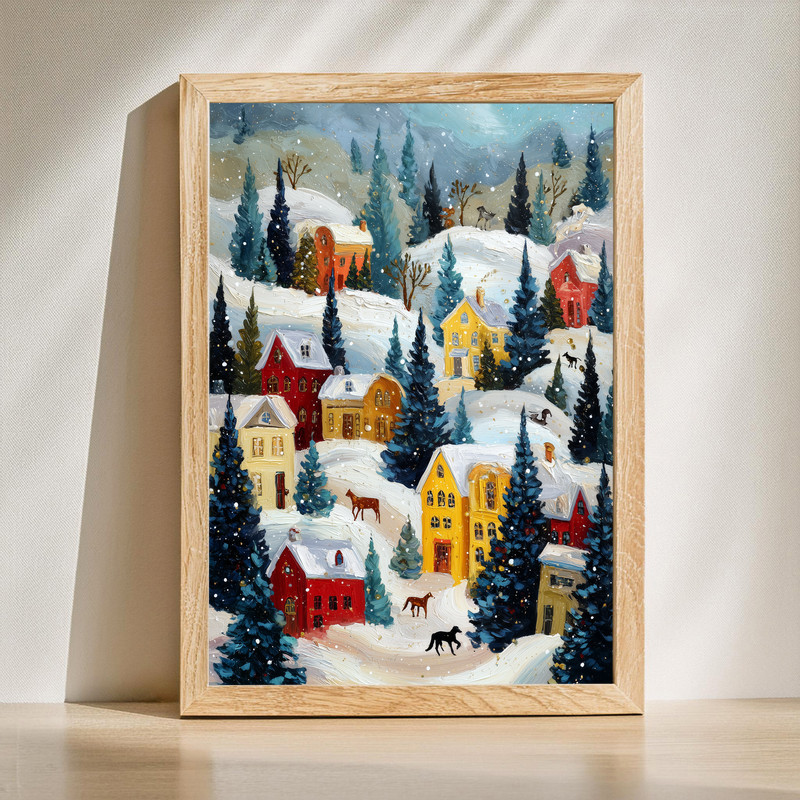 Whimsical Christmas canvas wall art of snowy hills and evergreens, soft snowfall and night sky, ideal for entryway winter decor | Familywalldecor