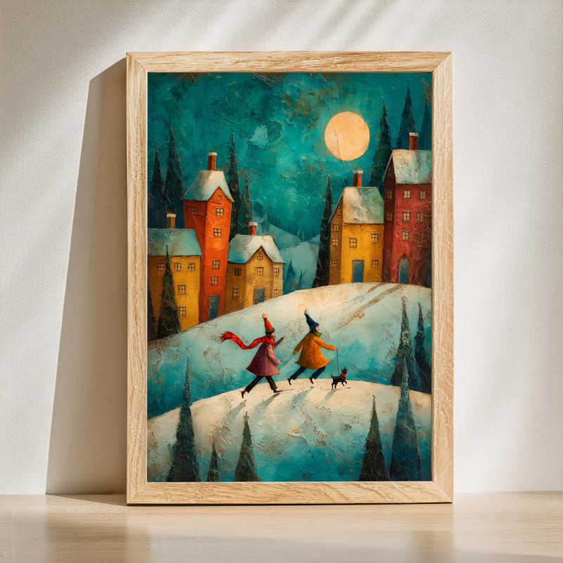 Whimsical winter village entryway canvas wall art with snowy cottages, warm windows, lampposts, and pine trees in snowfall | Familywalldecor