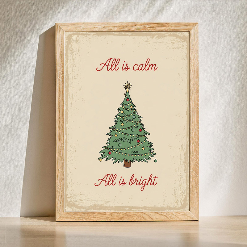 All Is Calm, All Is Bright minimalist Christmas canvas wall art with simple typography and neutral tones for hallway decor | Familywalldecor