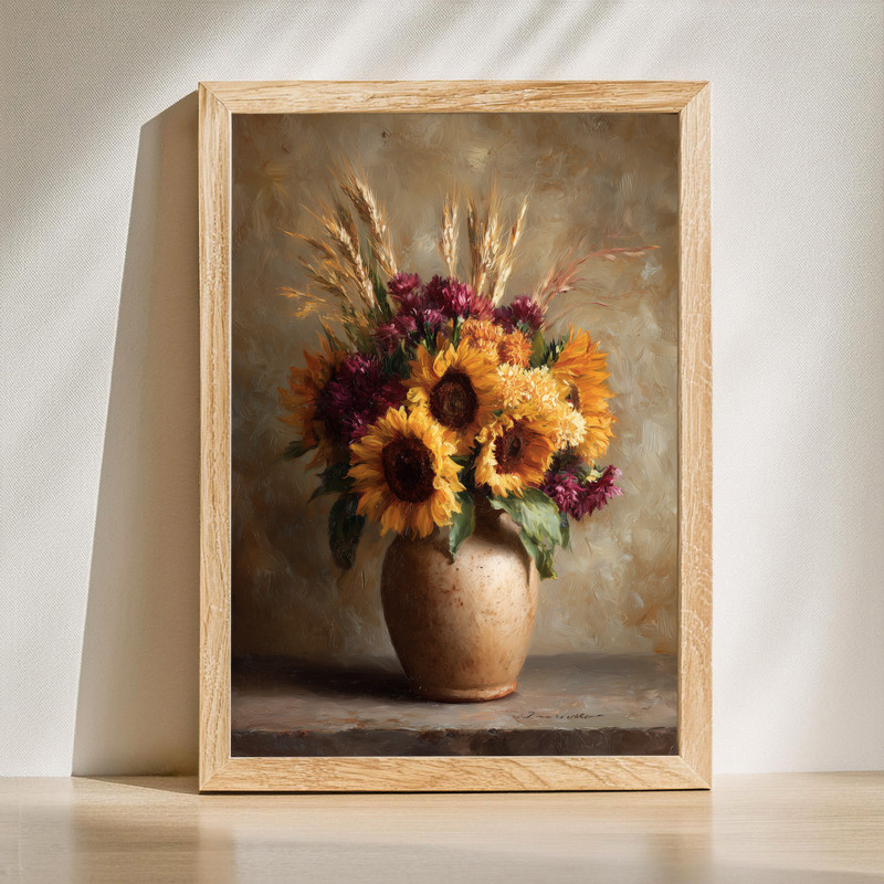 Autumn sunflower and wheat bouquet canvas wall art in a clay vase, rustic still life for hallway decor, warm terracotta tones