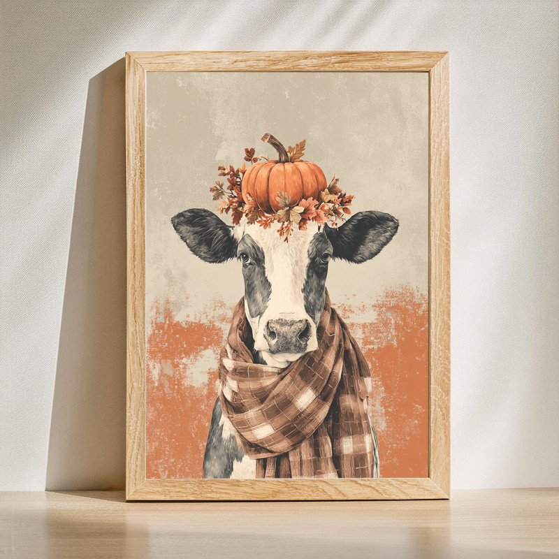 Autumn cow canvas wall art in farmhouse style, warm earthy tones for hallway decor, rustic fall accents on stretched canvas | Family Wall Decor