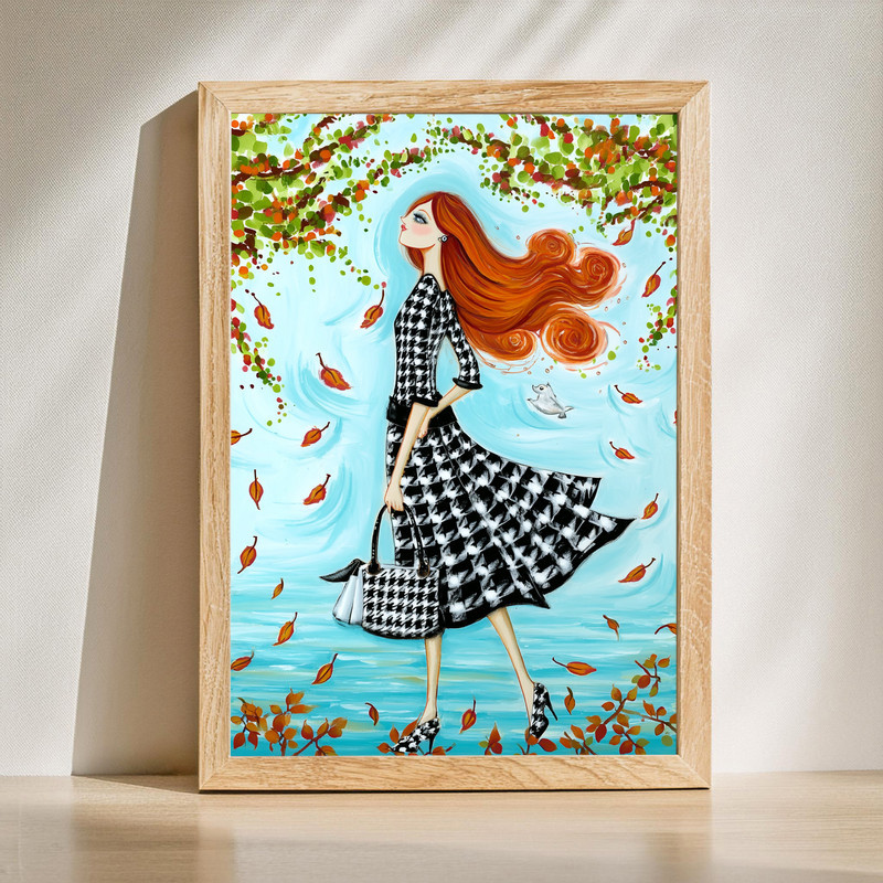 Autumn fashion canvas wall art with a stylish redhead in a houndstooth dress and falling leaves, ideal for hallway decor | Family Wall Decor
