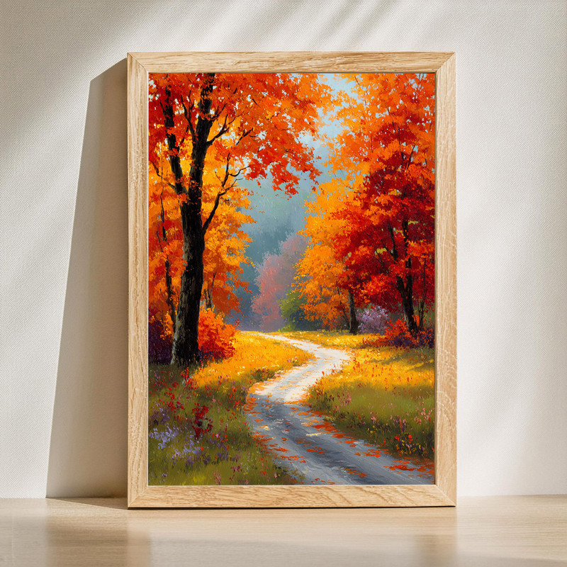 Autumn forest road canvas wall art with sunlit golden leaves, panoramic landscape for hallway, warm cozy home decor | Family Wall Decor
