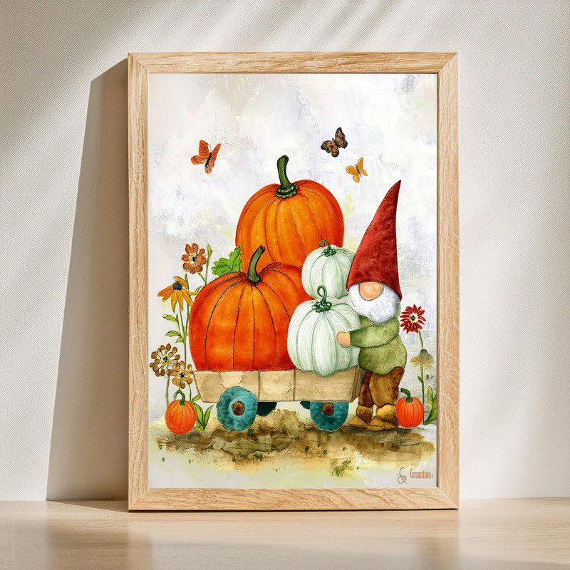 Autumn harvest gnome canvas wall art with pumpkin cart and fall foliage, whimsical hallway decor for cozy seasonal entryway | Familywalldecor