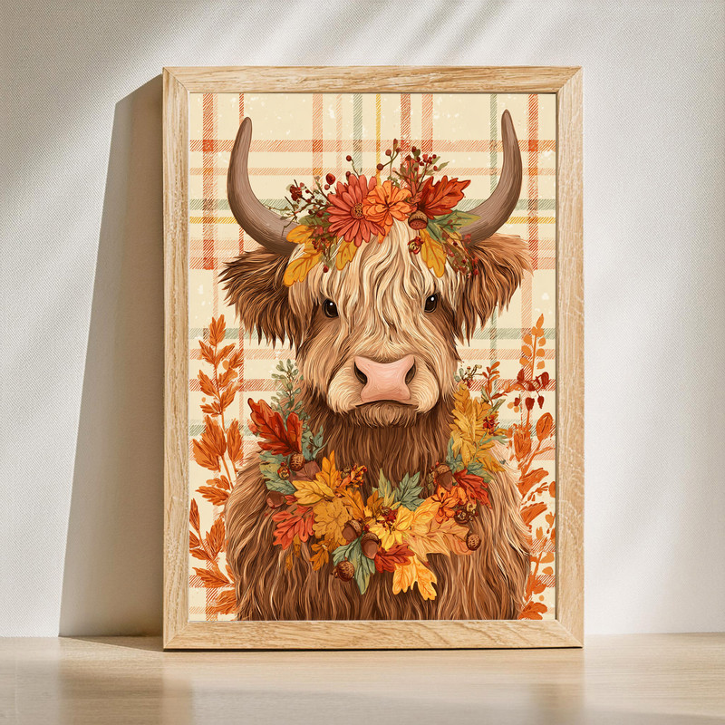 Autumn highland cow canvas wall art in rustic farmhouse style, warm fall tones, ideal for cozy hallway decor display | Family Wall Decor