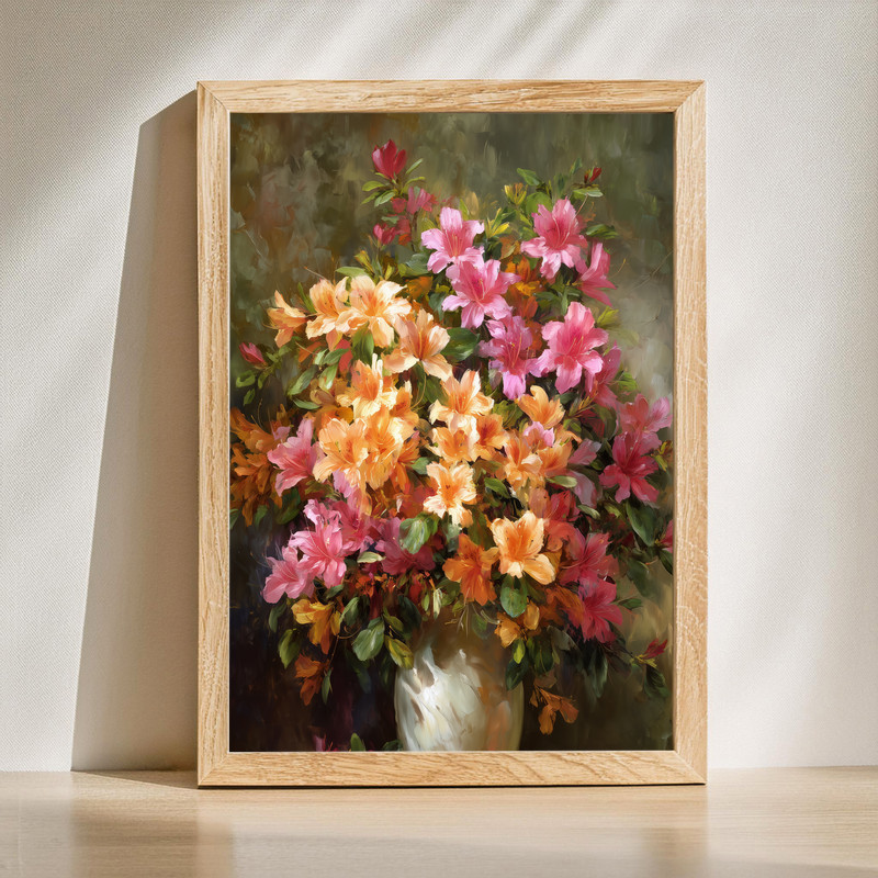 Azaleas in vase floral canvas wall art featuring blooming blossoms in a glass vase on a neutral background, still life | Family Wall Decor