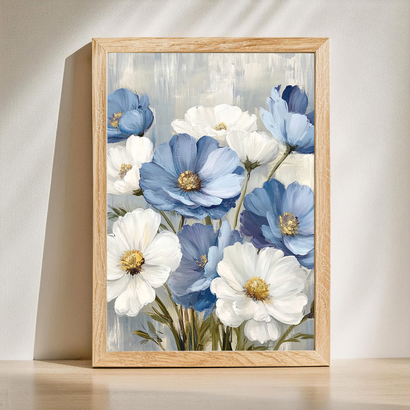 Blue cosmos florals canvas wall art featuring delicate botanical blooms and soft petals, calming modern decor for living room | Family Wall Decor