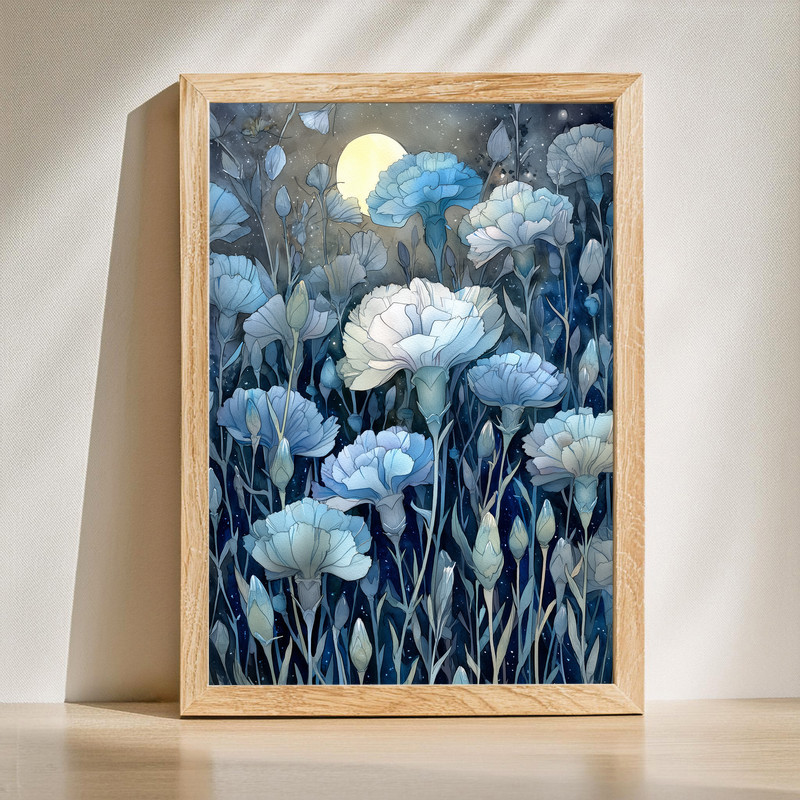 Blue night carnations canvas wall art in dreamy watercolor, deep navy blooms and soft brushes for moody bedroom wall decor | Family Wall Decor