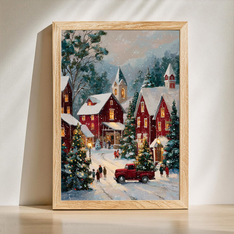 Christmas red barn village canvas wall art with snowy pines and warm lights, rustic farmhouse hallway decor winter landscape | Familywalldecor