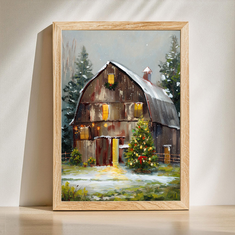 Brown winter barn with Christmas tree canvas wall art, rustic farmhouse scene for cozy living room wall decor, neutral tones | Familywalldecor