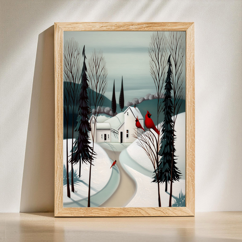 Cardinals in snowy countryside canvas wall art, red birds on winter branches, rustic holiday seasonal entryway decor | Familywalldecor
