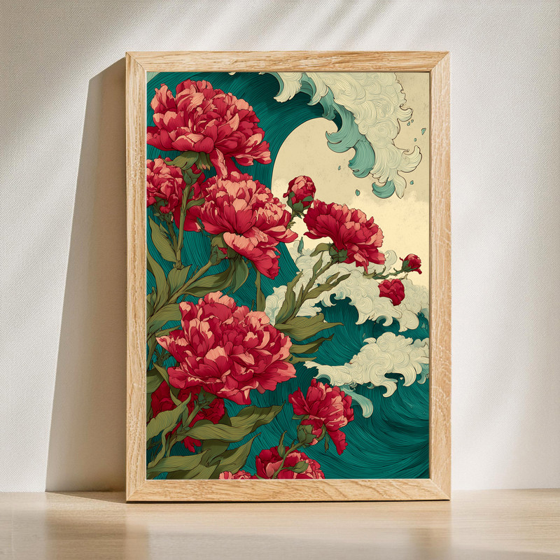 Carnations and ocean waves floral canvas wall art, pastel pink blooms and teal surf, horizontal gallery-wrapped landscape. | Family Wall Decor