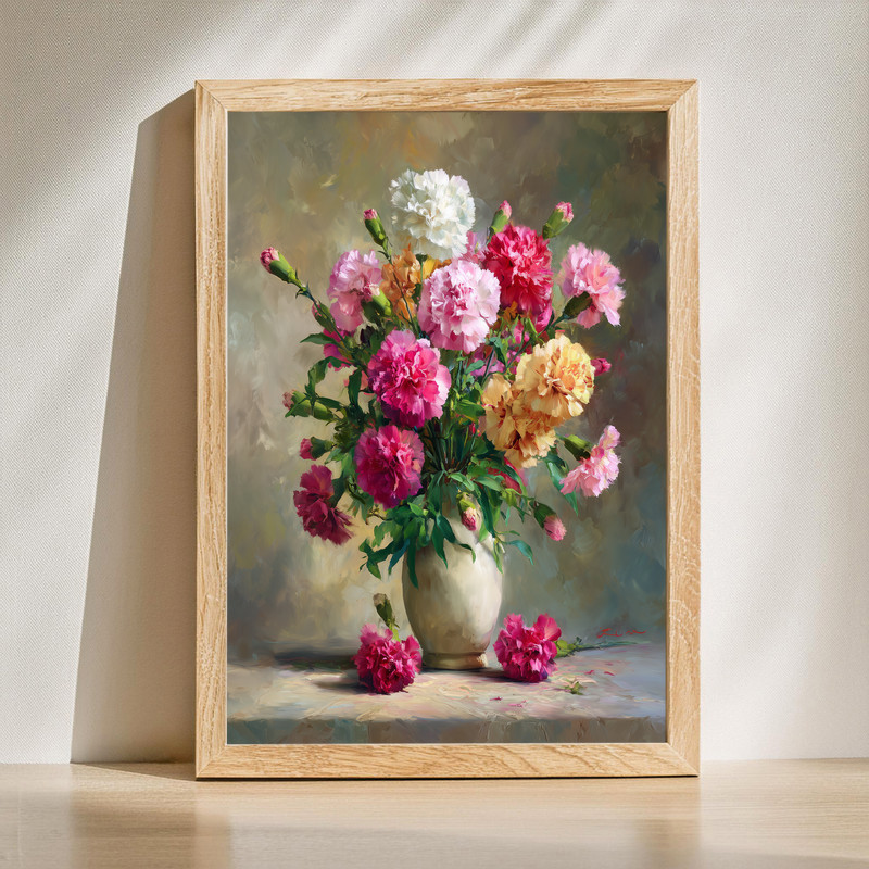 Carnations in vase oil painting canvas wall art, elegant floral still life with delicate brushwork and texture on canvas | Familywalldecor