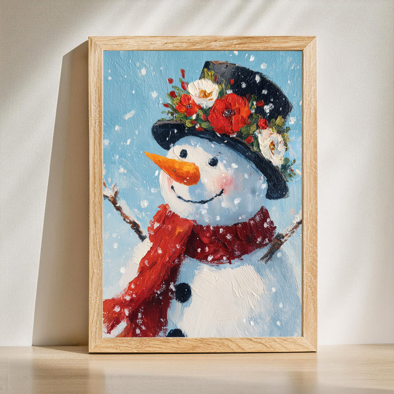 Cheerful snowman canvas wall art for festive hallway decor, winter scene with top hat, red scarf and falling snowflakes | Familywalldecor