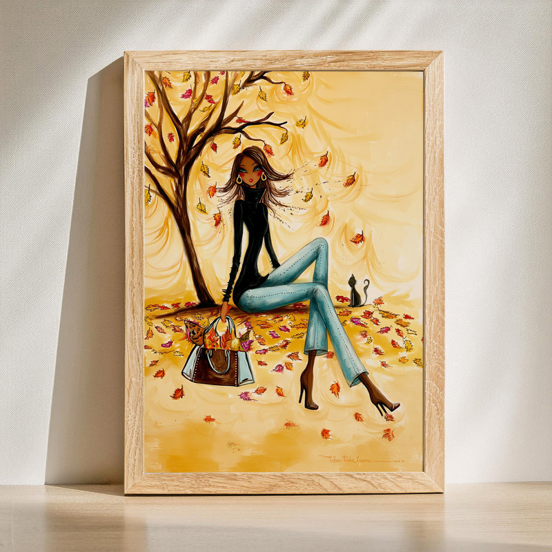 Chic autumn girl canvas wall art, fashion illustration with falling leaves in warm earthy tones, perfect for hallway decor | Family Wall Decor