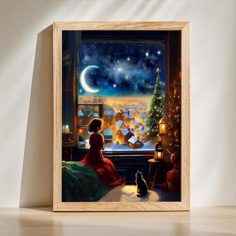 Christmas Eve Dreams canvas wall art, cozy winter night entryway scene with snow, wreath, and warm lights for foyer decor | Family Wall Decor