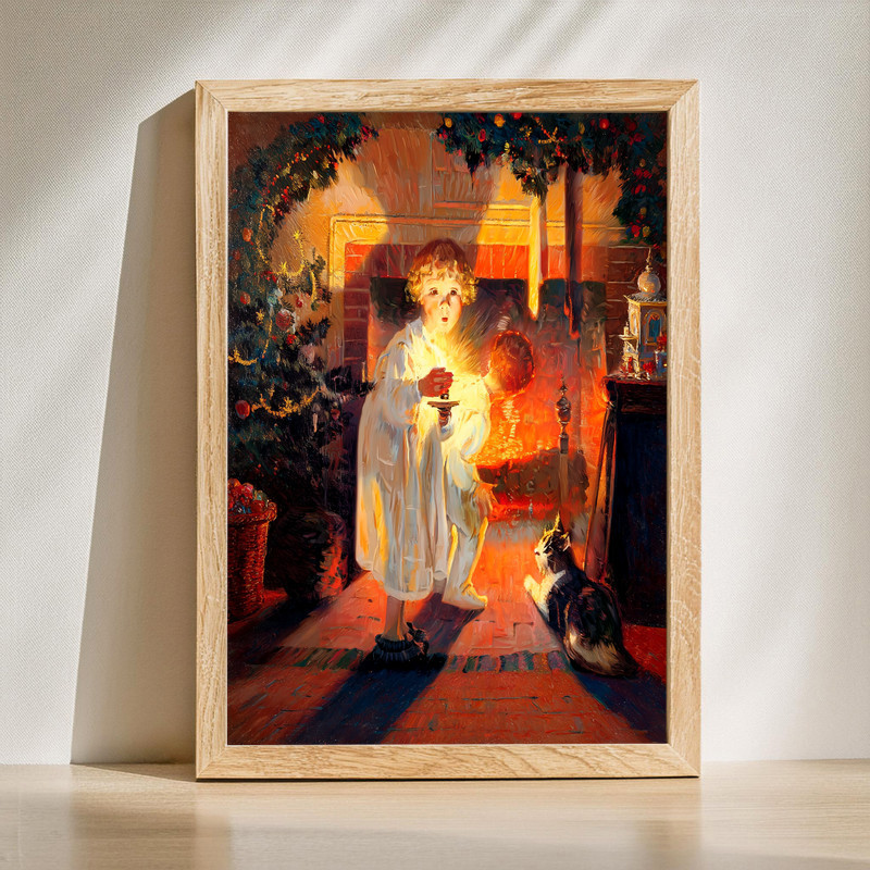 Christmas Eve wonder canvas wall art of a festive entryway with wreath and garland, warm lights, and inviting seasonal charm. | Familywalldecor