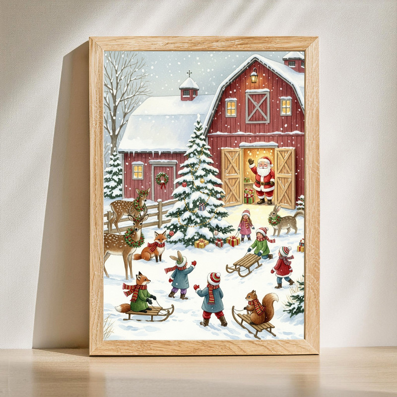 Christmas farmhouse with Santa festive barn entryway canvas wall art, red barn door, wreaths and garland in snowy setting | Family Wall Decor