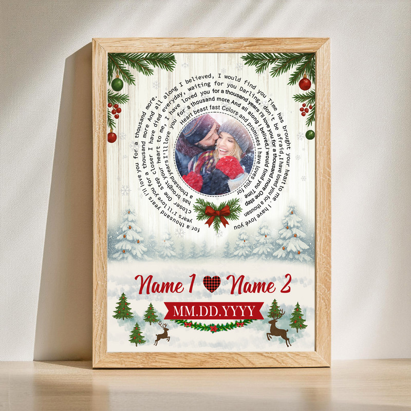 Christmas love song photo collage canvas wall art with personalized couple names and date, romantic holiday decor for bedroom | Familywalldecor