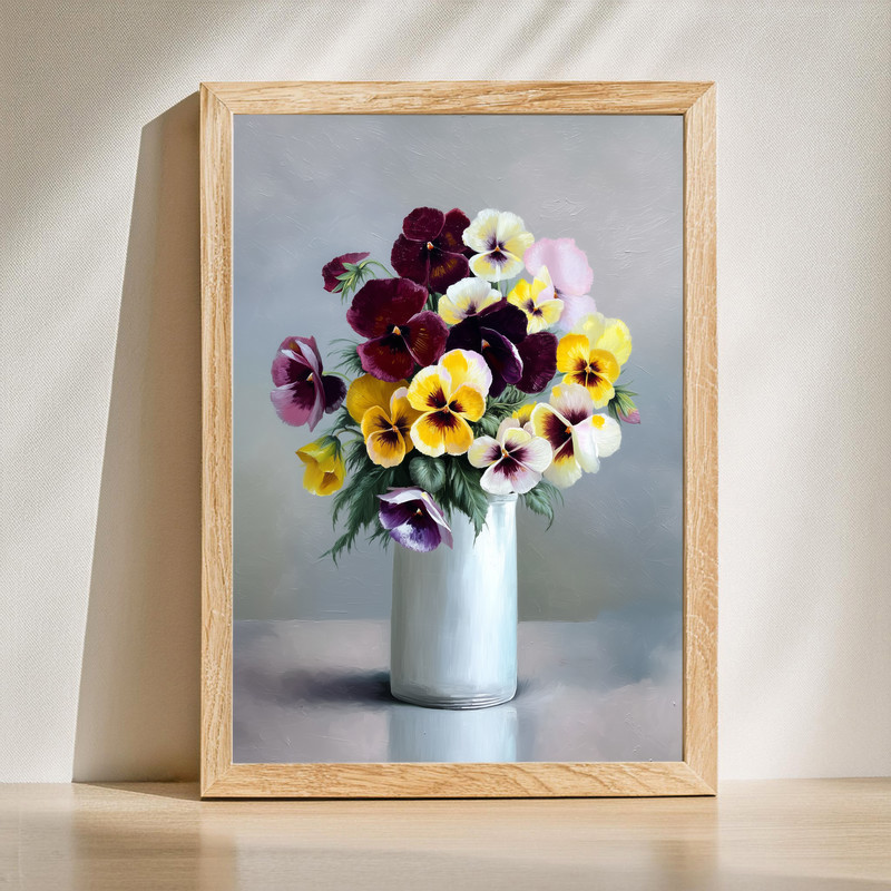 Pansies canvas wall art with colorful blooms arranged in a ceramic vase, elegant floral still life for living room decor | Family Wall Decor