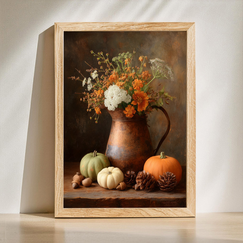 Fall wildflowers canvas wall art with pumpkins, pinecones, and a copper pitcher, rustic hallway decor in warm autumn tones | Family Wall Decor