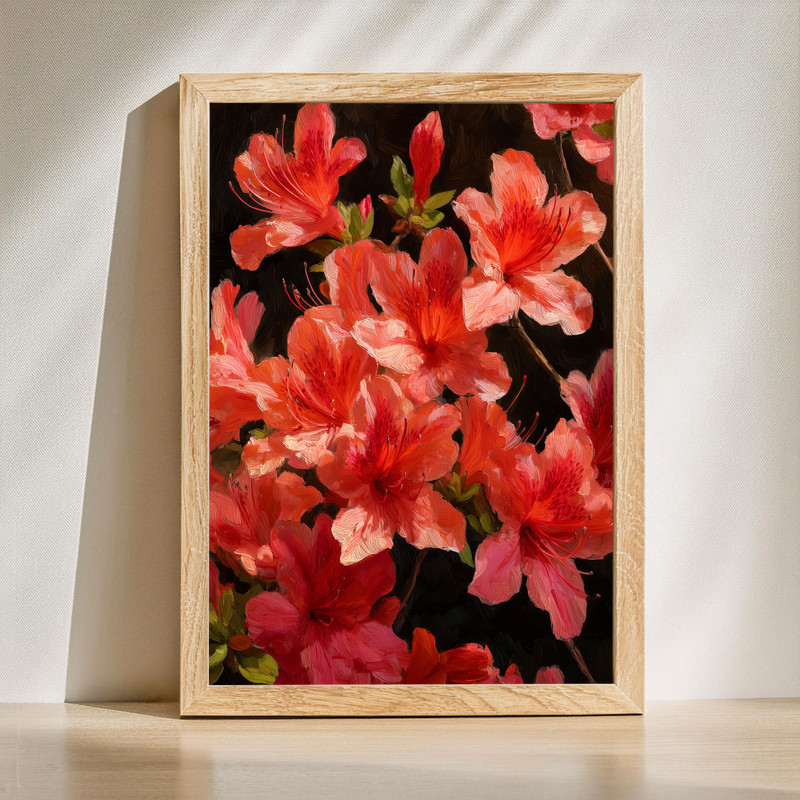 Coral azaleas canvas wall art, bold floral painting with vivid petals and textured brushstrokes, for modern living rooms | Family Wall Decor