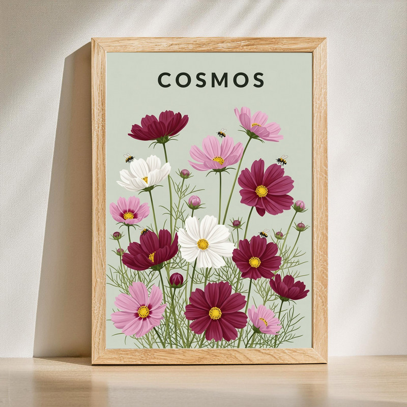 Cosmos flower botanical canvas wall art – vintage garden illustration on textured canvas, portrait orientation | Familywalldecor