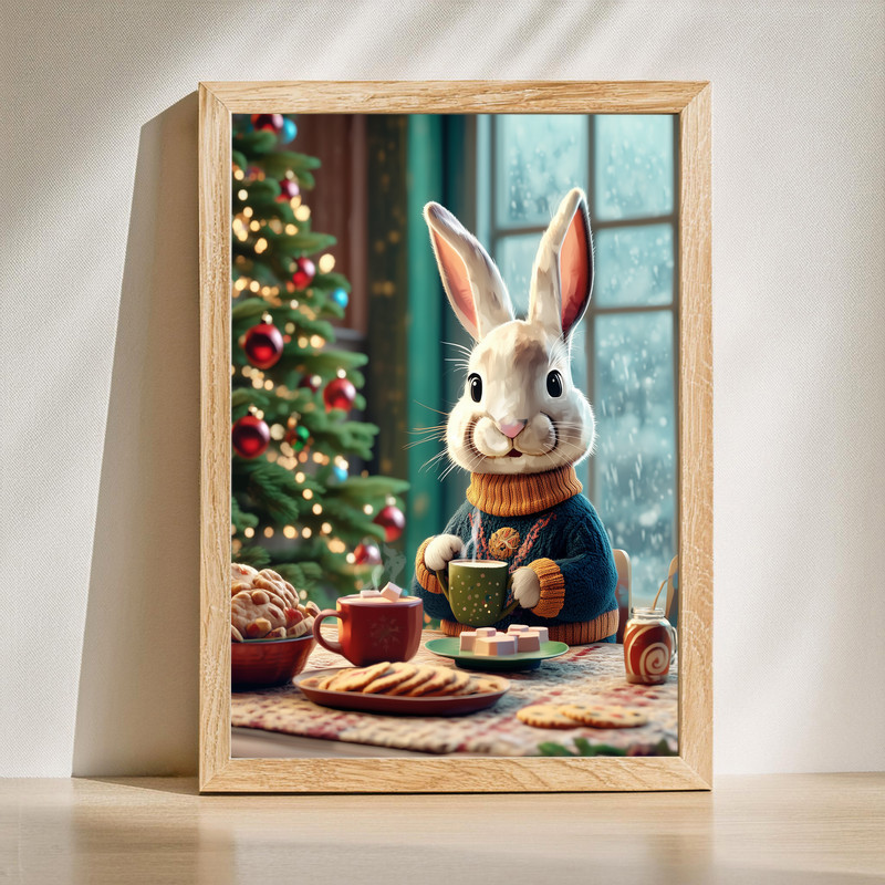 Cozy Christmas bunny canvas wall art for a festive winter entryway, featuring seasonal greenery and welcoming doorway scene. | Family Wall Decor