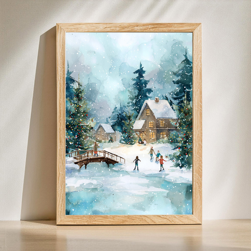 Cozy winter wonderland entryway canvas wall art with snow-dusted trees, warm lantern glow, gallery-wrapped, landscape | Familywalldecor