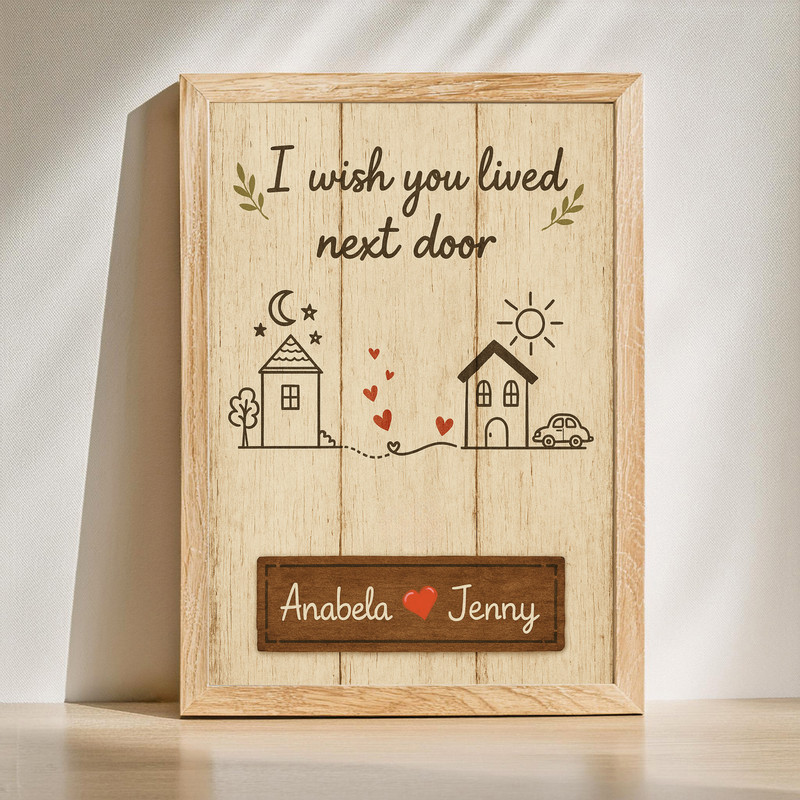 Long-distance friendship canvas print with 'I Wish You Lived Next Door' quote, personalized names, best friend gift | Familywalldecor