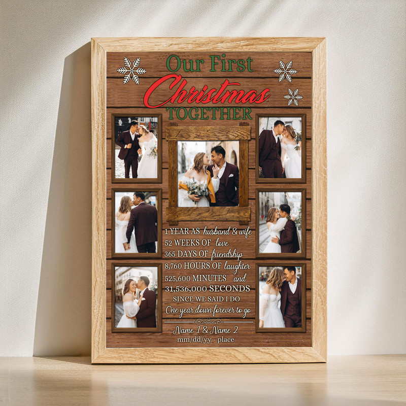 Our First Christmas Together photo collage canvas, personalized with names, date, and photos for a 1st anniversary | Familywalldecor