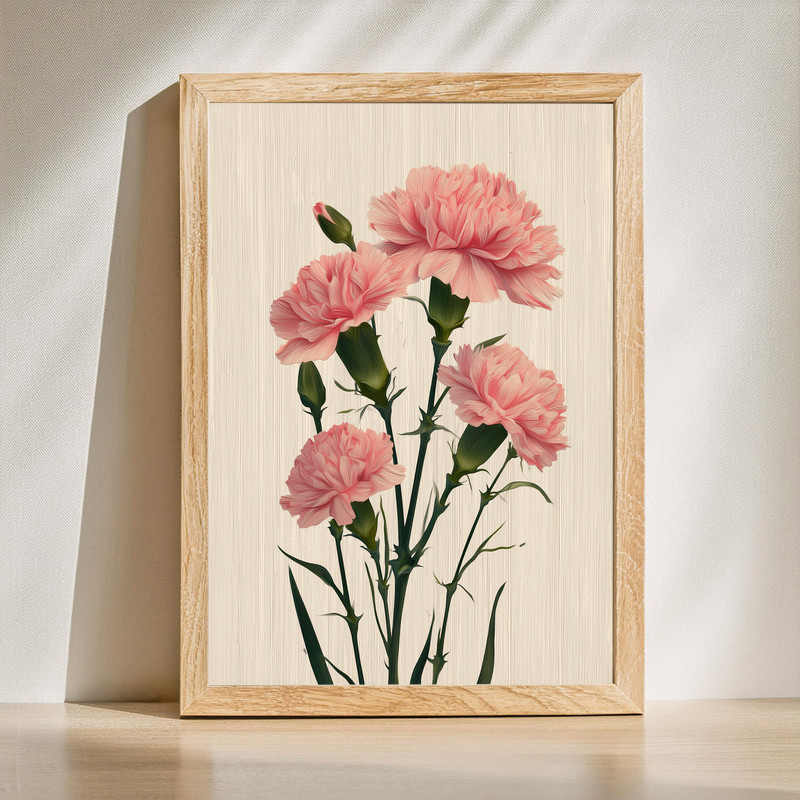 Dusty pink carnations fine art canvas wall art with soft, muted blooms on a neutral backdrop, close-up floral still life | Family Wall Decor