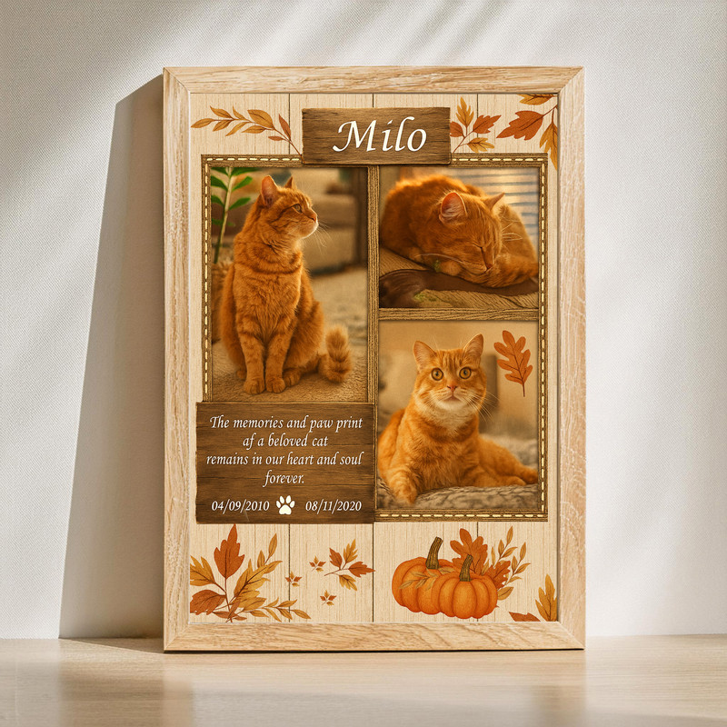Farmhouse cat memorial canvas wall art, custom photo collage with autumn accents, personalized with name and dates | Familywalldecor