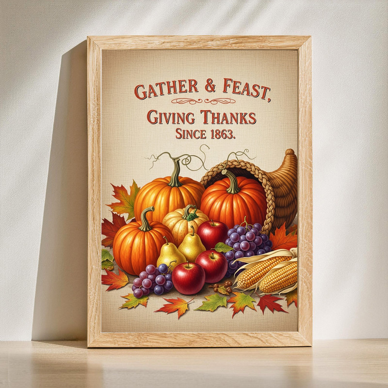 Farmhouse cornucopia canvas wall art for hallway decor with pumpkins, gourds, and 'Gather & Feast In Style' in autumn hues | Familywalldecor