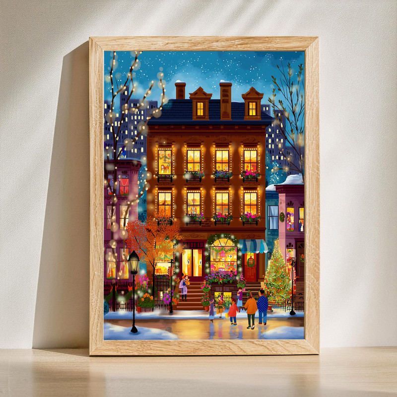 Festive Brownstone Christmas canvas wall art of a city townhouse entry with wreaths, garland, and a snow-dusted stoop. | Familywalldecor