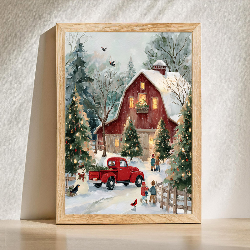 Festive red barn Christmas wonderland canvas wall art with snowy pines and warm lights for welcoming entryway decor | Familywalldecor